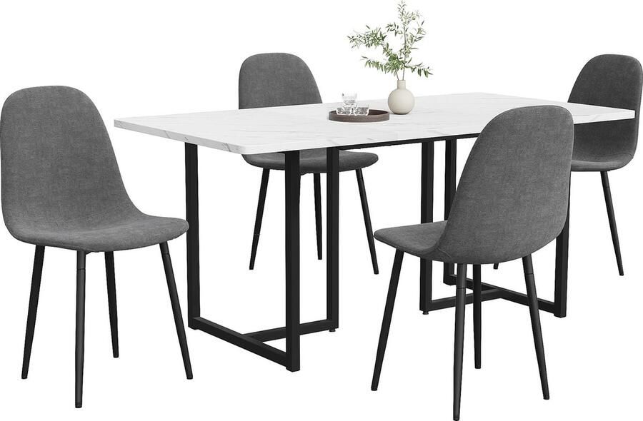 Merax 5-delige Eetkamerset Modern Eettafel met 4 Eetkamerstoelen L-vormige Tafel met Zwarte Metaal Poten en Grijze Kunstleren Stoelen