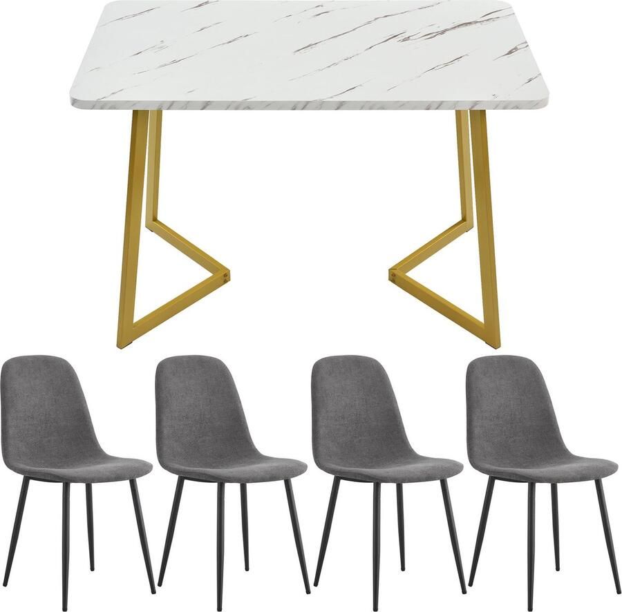 Merax 5-delige Eetkamerset Moderne Eettafel met 4 Eetkamerstoelen Grijze Linnen Stoelen en Gouden Tafelpoten