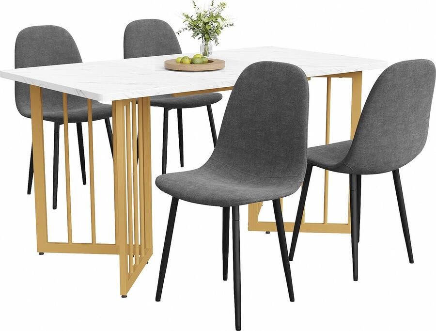 Merax 5-delige Eetkamerset Moderne Eettafel met 4 Eetkamerstoelen V-vormige Gouden Tafelpoten en Grijze Kunstleren Stoelen