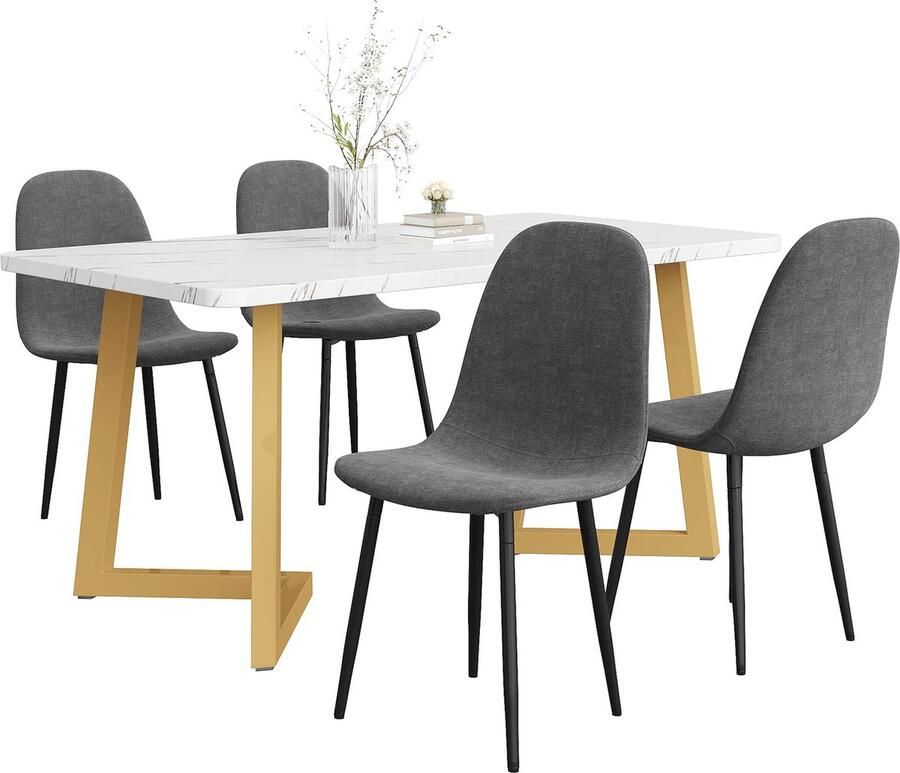 Merax 5-delige Eetkamerset Moderne Eettafel met 4 Eetkamerstoelen Grijze Linnen Stoelen en Gouden Tafelpoten - Foto 2