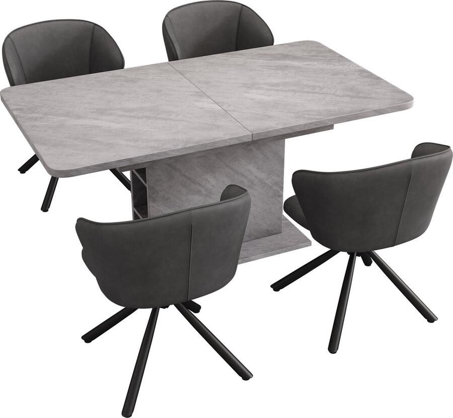 Merax Eetkamerset met Tafel en 4 Stoelen PU Esszimmerstoelen Uittrekbare Tafel met Opbergruimte Rechteckige Tafel Grijs