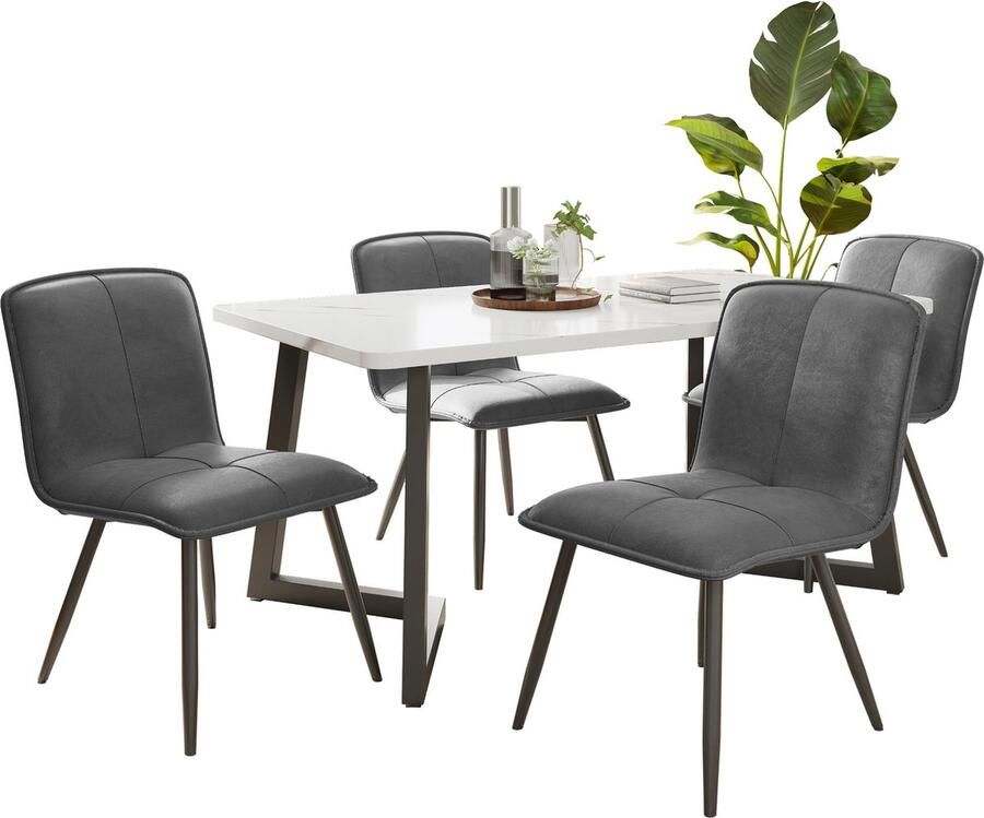 Merax 5-delige Eettafel en Eetkamerstoelen Set Moderne Keuken Eettafel met 4 Grijze Velvet Stoelen Zwarte Poten
