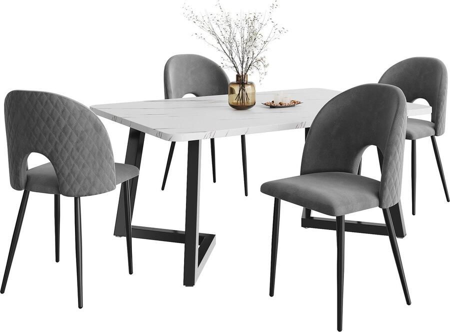 Merax 5-delige Eettafelset – Rechthoekige Tafel 117x68 cm met 4 Grijze Velvet Stoelen – Luxe Eetkamerset met Diamantpatroon Rugleuning en Verstelbare Poten – Metaal & MDF - Foto 2