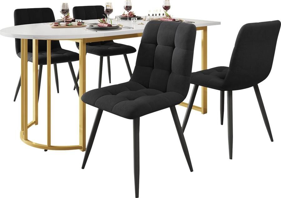 Merax 5-delige Eettafel en Stoel Set 138.5x80 cm Moderne Eettafel met 4 Zwarte Stoelen Gouden Tafel met Marmerlook en Stalen Poten