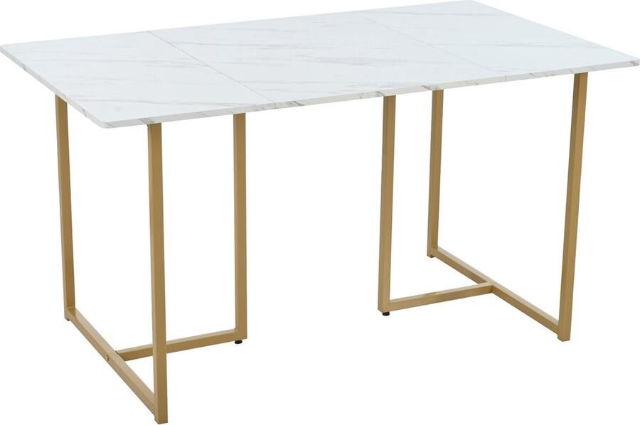 Merax 5-delige Eettafel en Stoelen Set 140x80 cm Moderne Eettafel met 4 Eetkamerstoelen Scandinavisch Vintage Kunstlederen Stoelen met L-vormige Gouden Tafelpoten