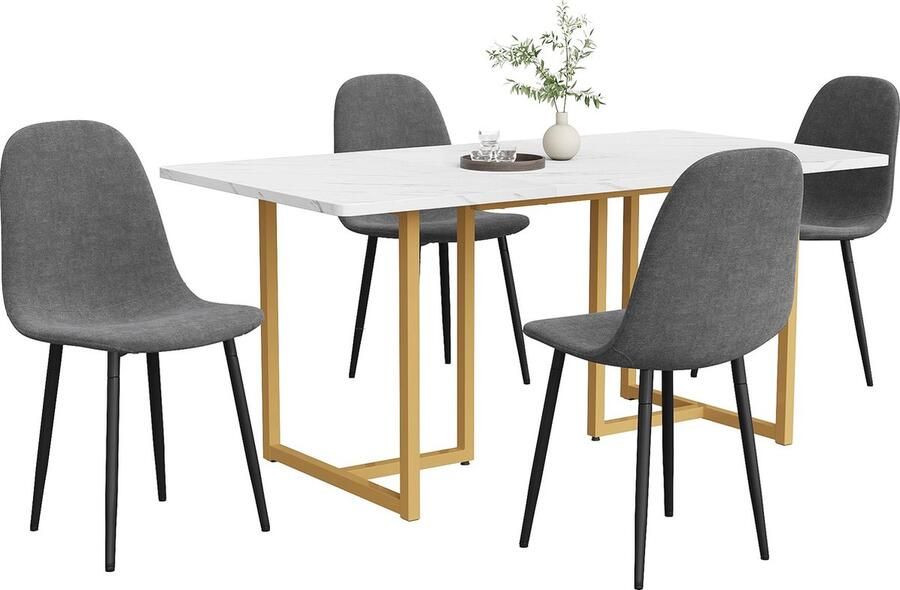 Merax 5-delige Eettafel en Stoelen Set Moderne Keuken Eettafel met 4 Stoelen in Grijs Linnen L-vormige Gouden Tafelpoten