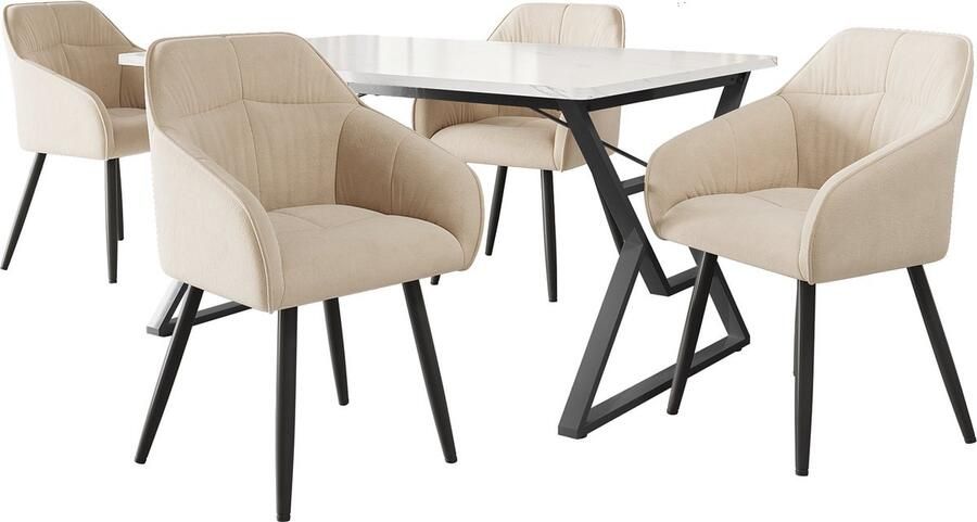 Merax 5-delige Eetkamerset Moderne Marmerlook Eettafel met 4 Eetkamerstoelen van Fluweel met Armleuningen Beige Zwarte Metaalpoten