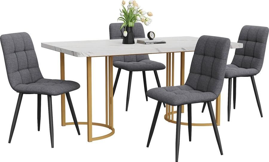 Merax Essgruppe (5-tlg) Esstisch mit 4 Stühlen Set Moderner Küchentisch Set 140×80cm Küchentisch mit Golden Metallbeinen MDF Tischplatte in Weißer Dunkelgrau Leinen Esszimmerstühle - Foto 2