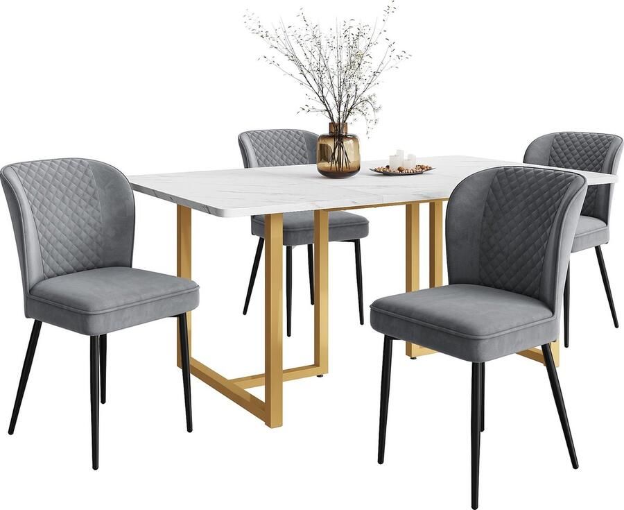 Merax 5-delige Eettafelset 140x80cm Eettafel met 4 Donkergrijze Velours Stoelen Elegante Design met L-vormige Gouden Poten
