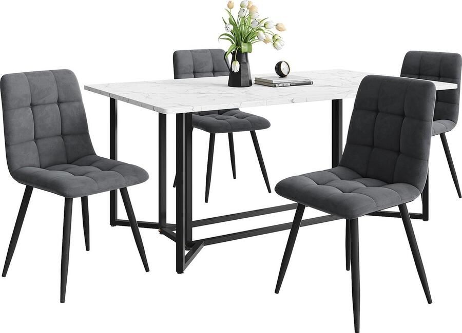 Merax 5-delige Eettafelset 140x80cm Eettafel met 4 Donkergrijze Velours Stoelen Modern Ontwerp met Stabiele Zwarte Metalen Poten en Witte MDF Bovenkant