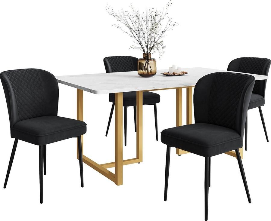 Merax 5-delige Eettafelset 140x80cm Eettafel met 4 Zwarte Velours Stoelen Stijlvol Design met L-vormige Gouden Poten