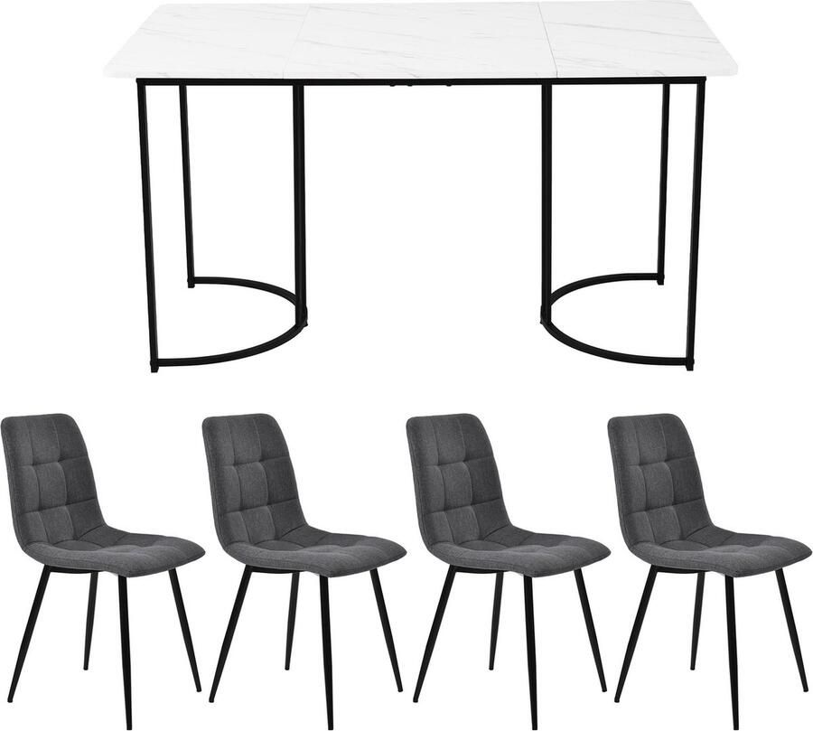 Merax Essgruppe (5-tlg) Esstisch mit 4 Stühlen Set Moderner Küchentisch Set 140×80cm Küchentisch mit Schwarz Metallbeinen MDF Tischplatte in Weißer Dunkelgrau Leinen Esszimmerstühle