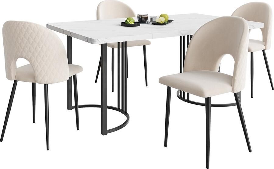 Merax Essgruppe (Set 140×80cm Esstisch mit 4 Stühlen) Moderner Küchentisch Set Samt Esszimmerstuhl Mit Diamantmuster Verstellbare Stuhlbeine Beige Samt MDF Tischplatte in Weißer Schwarz Tischbeine - Foto 2