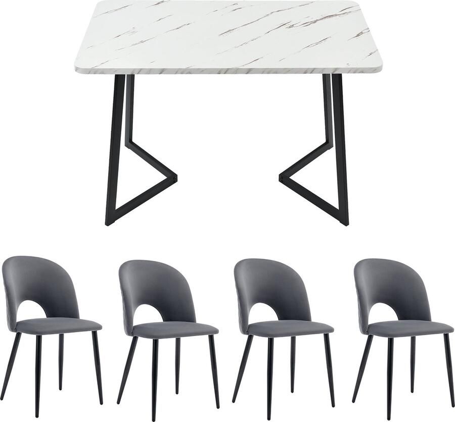 Merax 5-delige Eettafelset – Rechthoekige Tafel 117x68 cm met 4 Grijze Velvet Stoelen – Luxe Eetkamerset met Diamantpatroon Rugleuning en Verstelbare Poten – Metaal & MDF