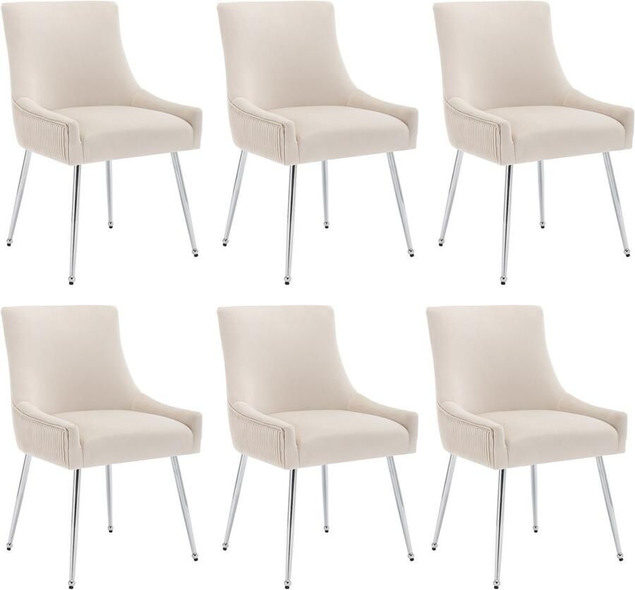 Merax 6-delige Set Eetkamerstoelen Fluwelen Stoelen met Verticale Strepen Gevoerde Lounge Stoelen met Metalen Handgreep Modern Design voor Woonkamer en Slaapkamer Beige