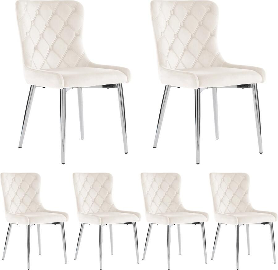 Merax 6-delige Set Eetkamerstoelen met Rugleuning Comfortabele Stoelen met Fluwelen Bekleding Ergonomische Designstoelen met Metalen Poten Wit
