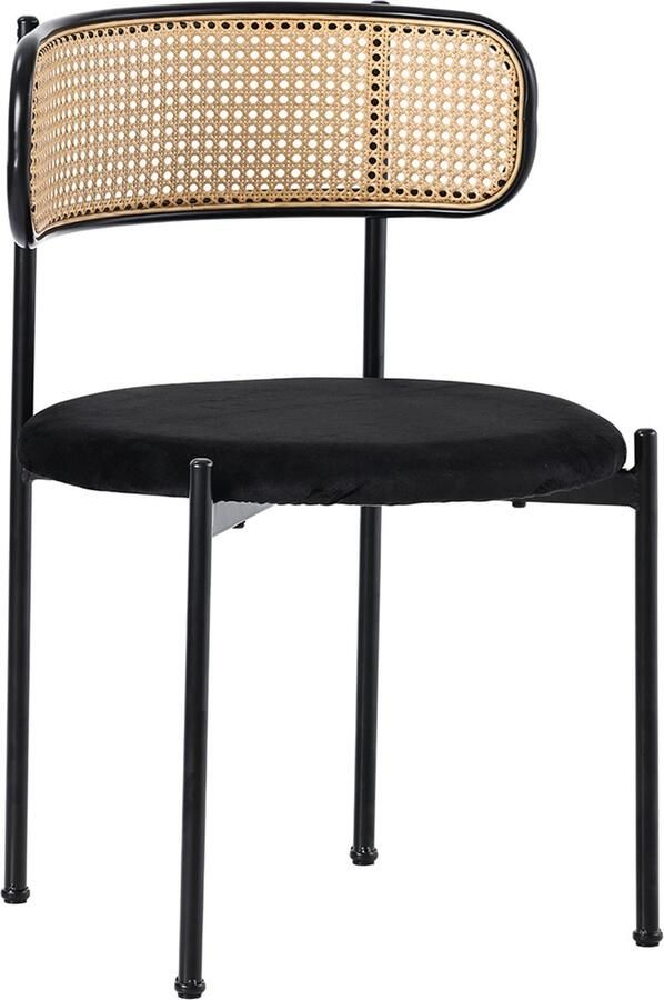 Merax 6-delige Set Fluwelen Eetkamerstoelen met Rattan Rugleuning Moderne Metalen Poten Zwart