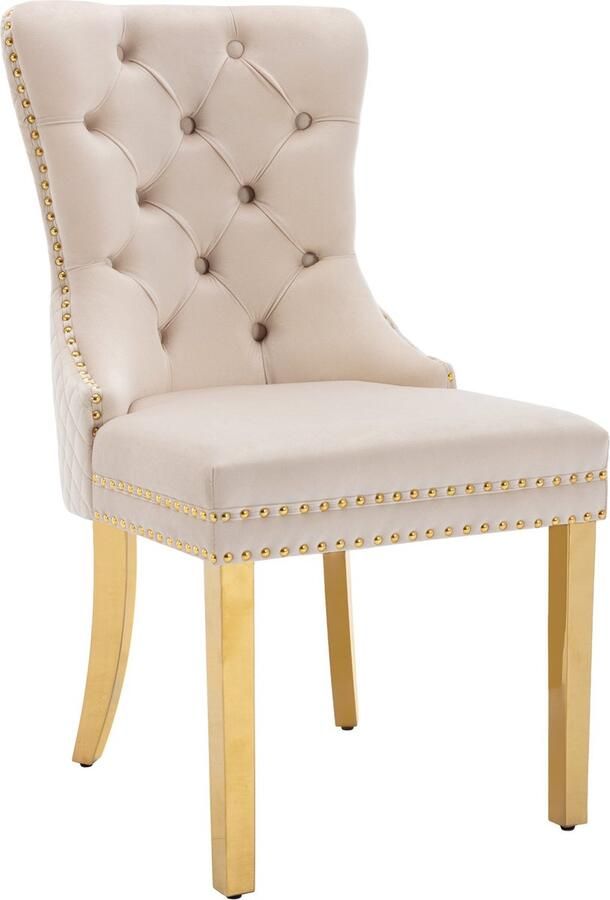Merax Eetkamerstoelen Set van 2 – Beige Goud – Velvet Bekleding – Luxe Design Stoelen met Handgreep en Nagelkopdetails – Goudkleurige Roestvrijstalen Poten - Foto 2
