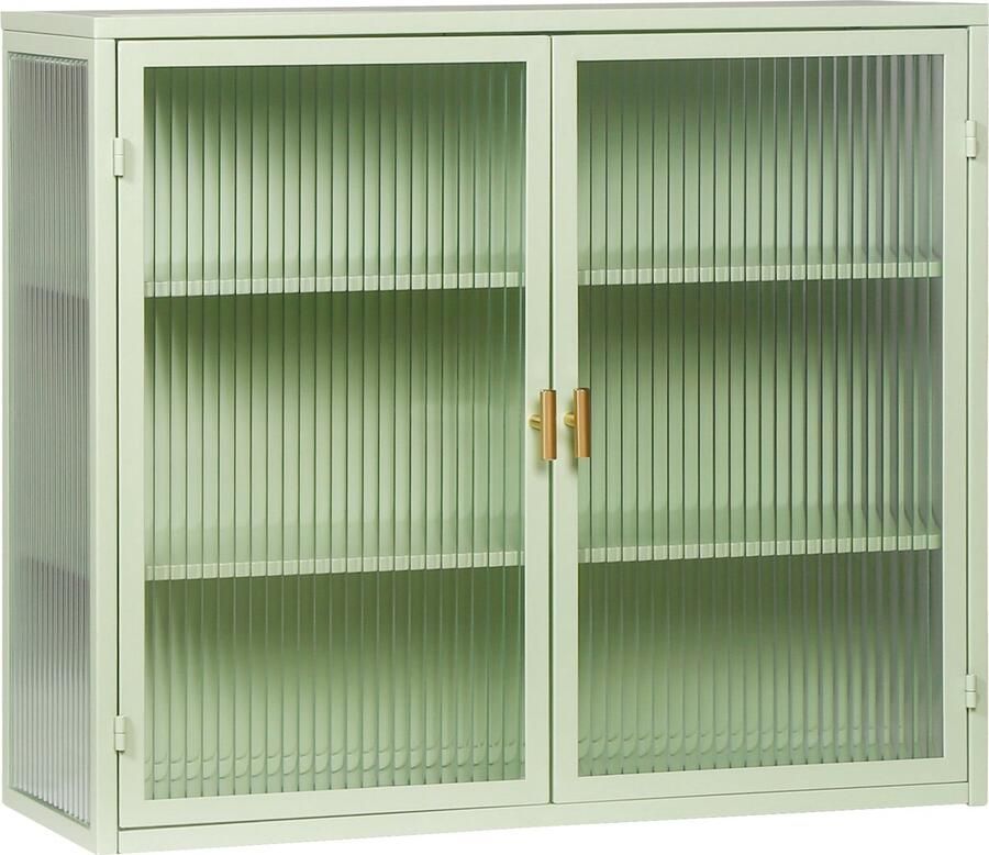 Merax 70CM Wandkast met Glazen Deuren Moderne Kast met 3 Planken Dubbeldeurse Opbergkast Groen