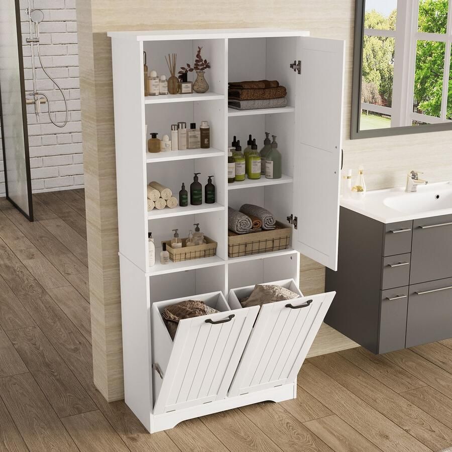 Merax 78 x 35 x 172 cm Badkamermeubel vochtbestendige verf dubbele wasmand open vakken één deur drie vakken verstelbare planken wit