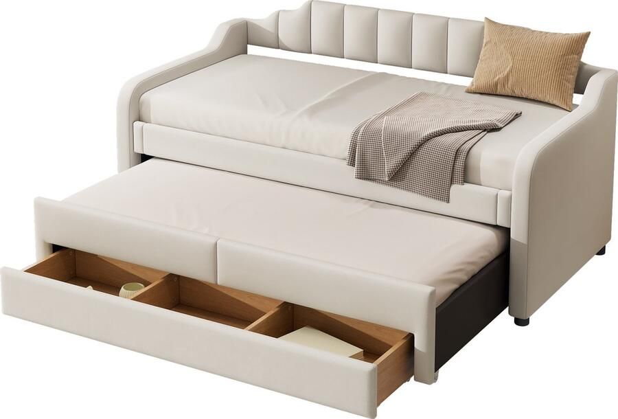Merax 90 x 200 cm (190 cm) Tagesbett gepolstertes Einzel-Tagesbett mit Rollcontainer Tagesbett mit Schubladen Beige