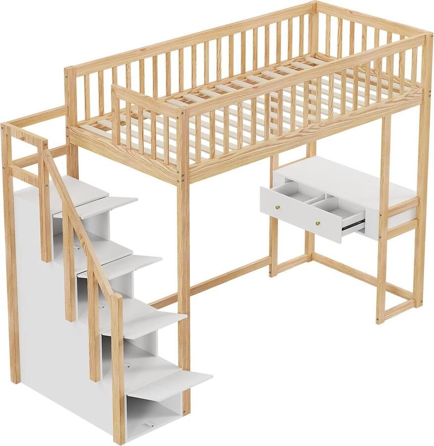 Merax Hoogslaper 90x200 cm met Bureau Bed voor Kinderen met Uitvalbeveiliging en Opbergruimte Massief Houten Bedframe Wit met Naturel Houtbruin