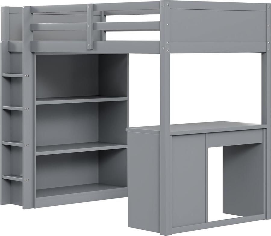 Merax 90 x 200 cm hoogslaper met opbergkast en bureau kinderbed grijs zonder matras