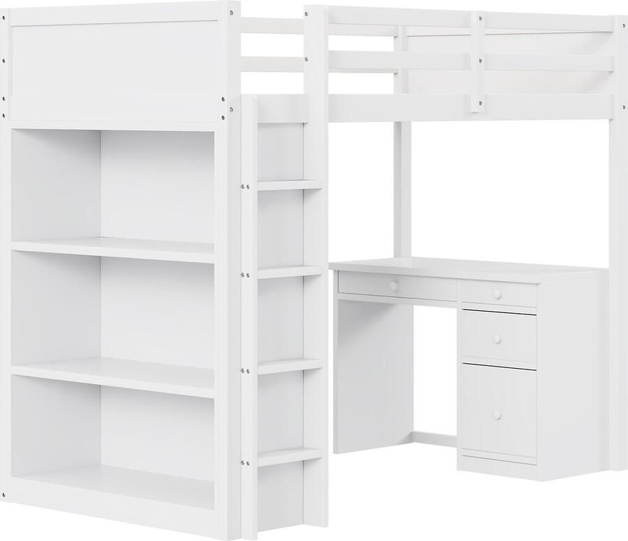 Merax 90 x 200 cm hoogslaper met opbergkast en bureau kinderbed wit zonder matras