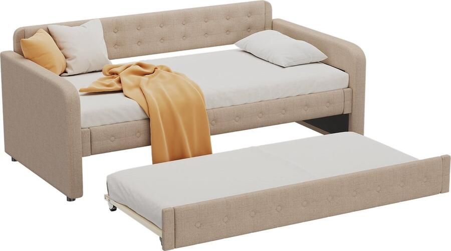 Merax 90 x 200 cm Slaapbank met Uittrekbaar Bed en Grote Opbergruimte Fluwelen Stof Donkerbeige Multifunctioneel Design