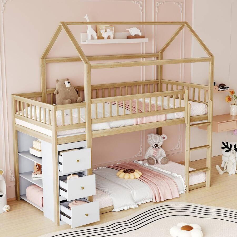 Merax 90 x 200 cm stapelbed kinderbed huisvormig met opbergkast en boekenplank houtkleur zonder matras