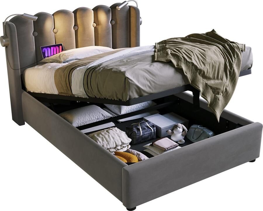 Merax eenpersoonsbed 90x200 cm – velours bed met leeslamp & USB-oplaadfunctie – inclusief matras