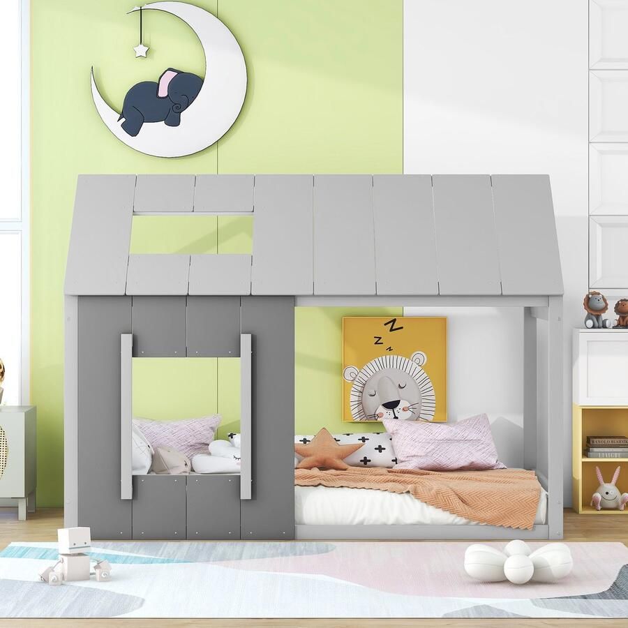 Merax 90 x 200 kinderbed huisvormig eenpersoonsbed met dak en ramen grijs zonder matras