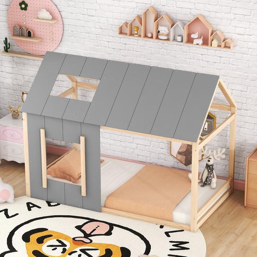 Merax 90 x 200 kinderbed huisvormig eenpersoonsbed met dak en ramen houtkleur zonder matras