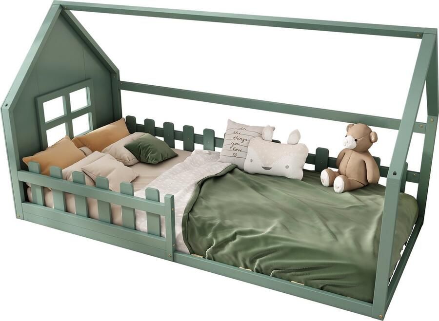 Merax kinderbed 90x200 cm – groen flatform bed met huisstijl en stevige constructie