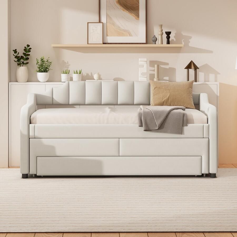 Merax 90x200 cm (190 cm) slaapbank met uitschuifbaar bed gestoffeerd bed met lades beige zonder matras