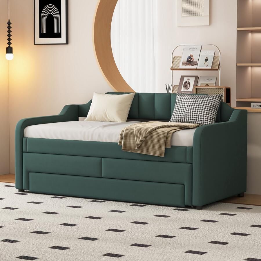 Merax 90x200 cm (190 cm) slaapbank met uitschuifbaar bed gestoffeerd bed met lades groen zonder matras