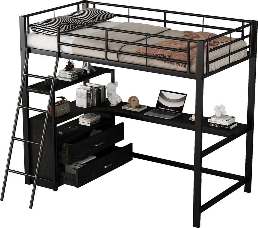Merax 90x200 cm Bed met Eisenframe Praktische Lades en Stijlvolle L-Vormige Bureau Zwart