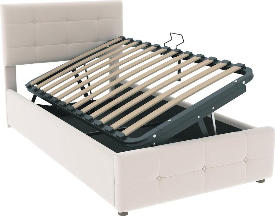 Merax Velvet Kinderbed 90x200 cm met Hydraulische Opbergruimte Bed met Verstelbaar Hoofdbord Eenpersoonsbed Beige