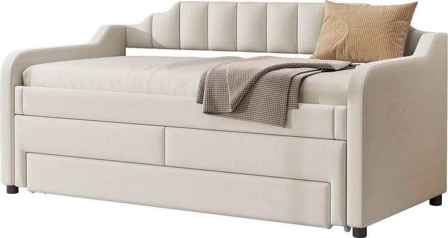 Merax 90 x 200 cm (190 cm) Tagesbett gepolstertes Einzel-Tagesbett mit Rollcontainer Tagesbett mit Schubladen Beige - Foto 2