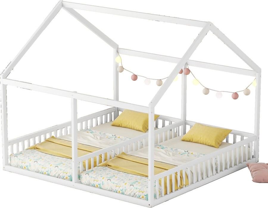 Merax 90x200 cm Enkelbedden Huismodel 2-in-1 Bedden met Scherm en Stijlvol Dakontwerp Wit