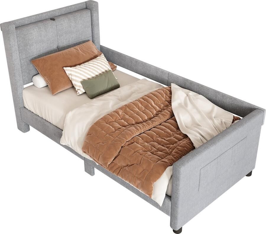 Merax 90x200 cm Flachbed – Gestoffeerd Bed met USB-Aansluiting en Minimalistisch Design Grijs