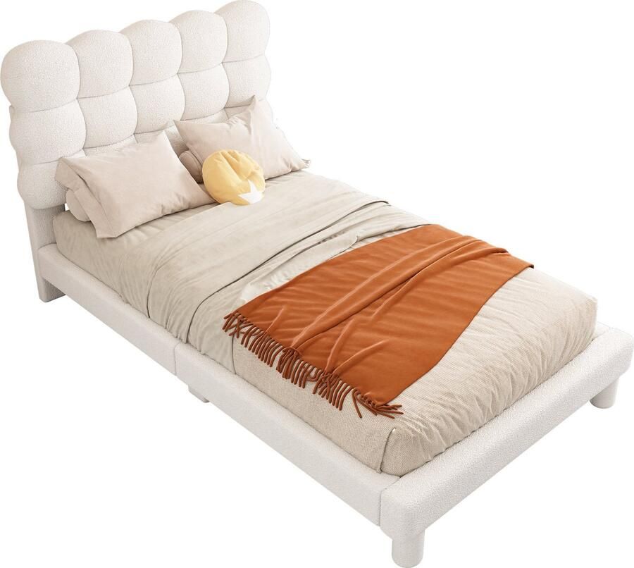 Merax 90x200 cm Fluwelen Bed Gestoffeerd Bed met Verstelbaar Hoofdbord Wit met Rosa Accenten Modern en Stijlvol