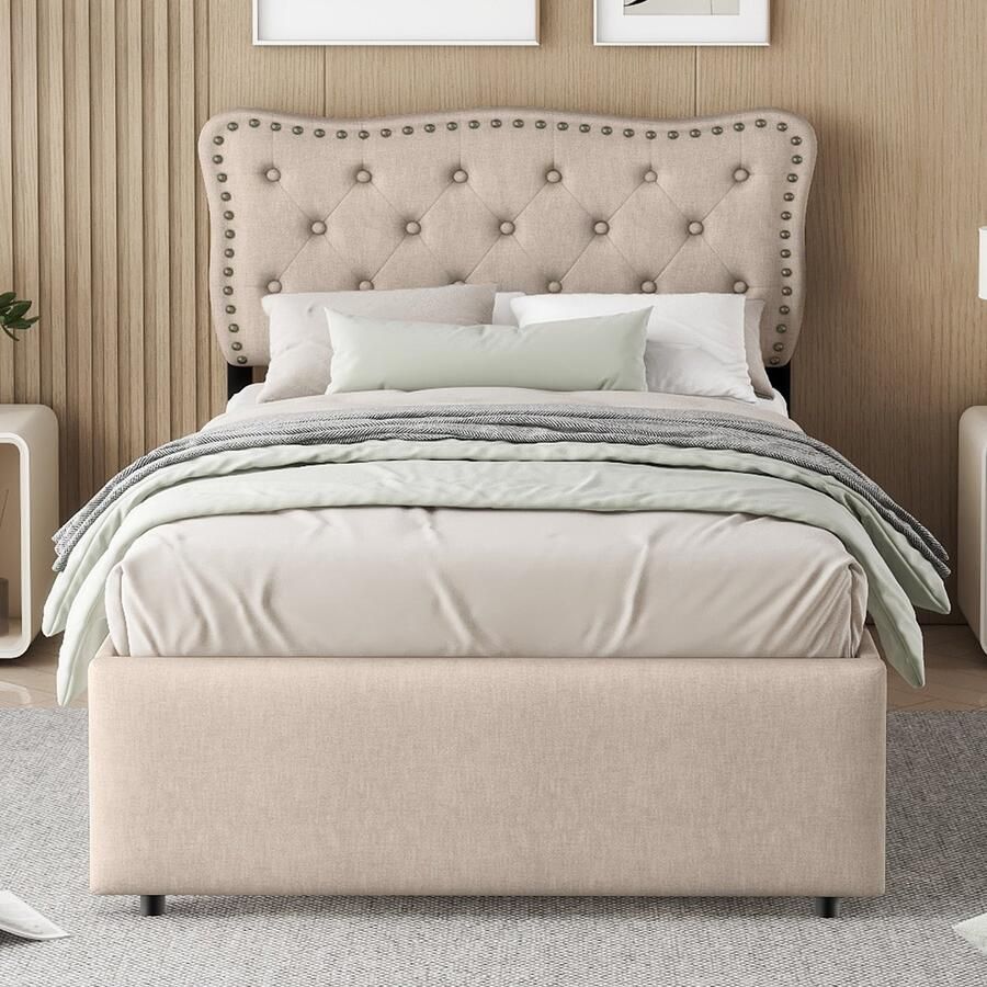 Merax 90x200 cm gestoffeerd bed eenpersoonsbed met decoratieve nagels bedtafel kussen met 2 lades diep beige zonder matras