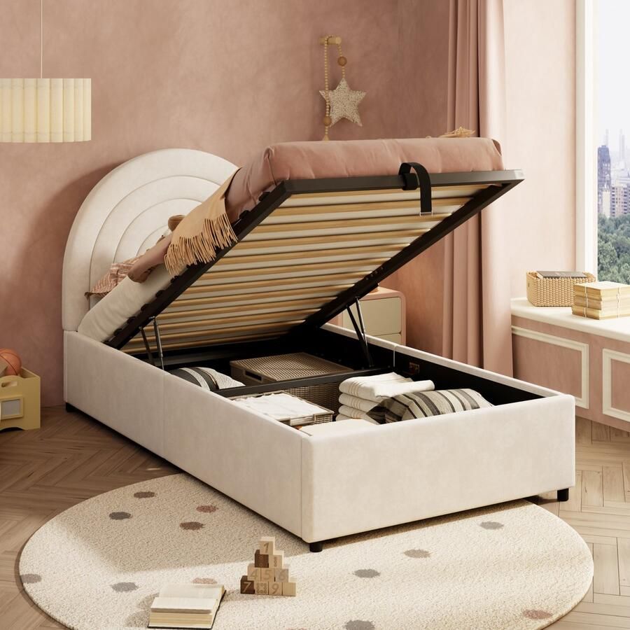 Merax 90x200 cm gestoffeerd bed kinderbed eenpersoonsbed met lattenbodem en hoofdeinde fluweel beige zonder matras