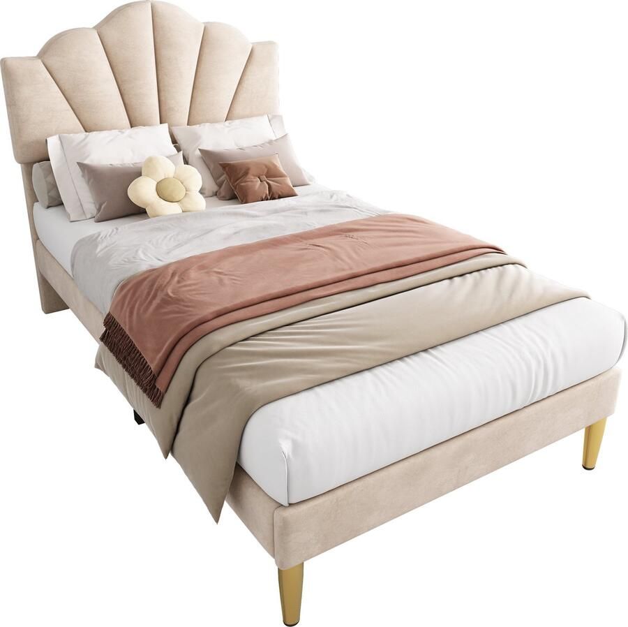 Merax 90x200 cm Gestoffeerd Bed met Verstelbaar Hoofdeinde en Gouden Metaalpoten Beige Met Lattenbodem en Extra Opbergruimte