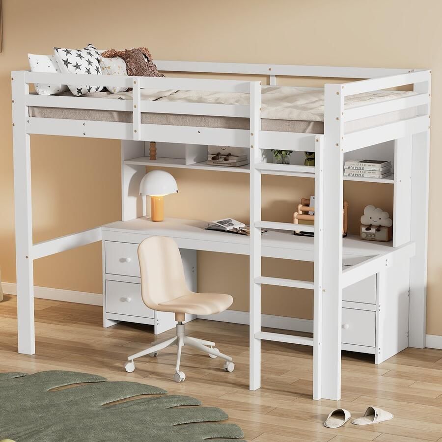 Merax 90x200 cm hoogslaper kinderbed met bureau opbergruimte hoge veiligheidsrand wit zonder matras