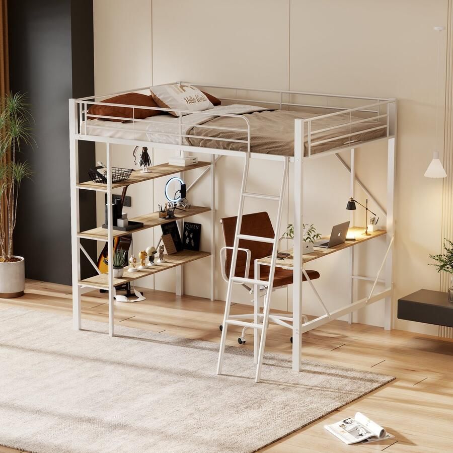 Merax 90x200 cm Hoogslaper met bureau en drie planken wit zonder matras