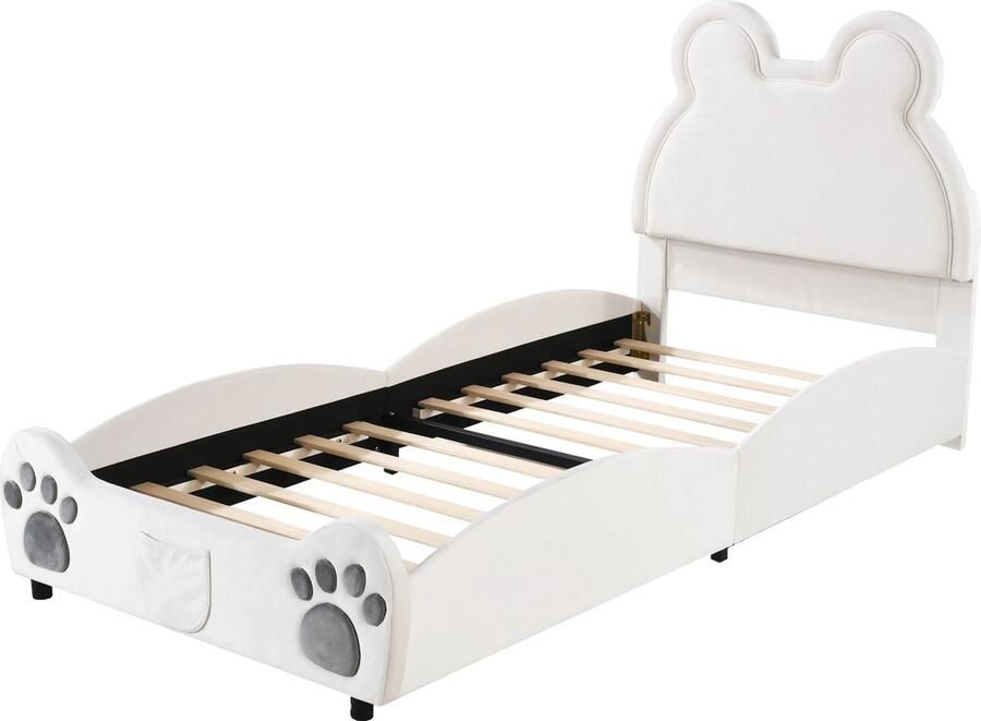 Merax Kinderbed 90x200 cm in Beren Vorm Fluweel Gestoffeerd Bed voor Kinderen Wit