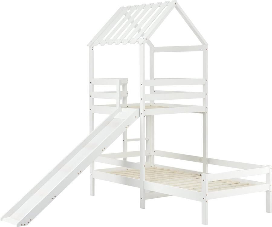 Merax 90x200 cm Kinderbed met Glijbaan en Hoog Zitvlak 90x100 cm Huisbed met Dak Bed met Speeltoren en Uitvalbescherming Wit