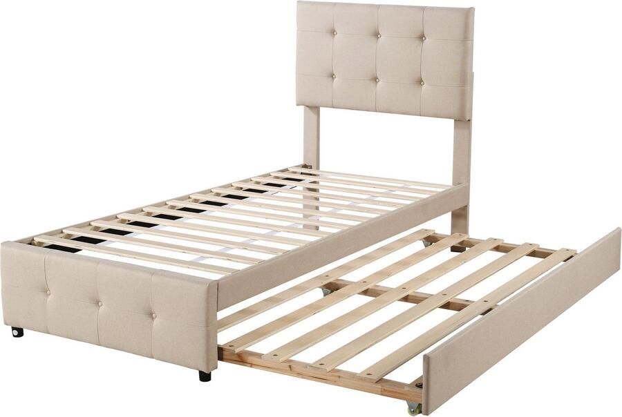 Merax 90x200 cm Kinderbed met Uittrekbaar Bed en Verstelbaar Hoofdeinde Beige Linnen Gestoffeerd Bed met USB Oplaadfunctie Flatt Single Bed voor Jeugd en Logeerbed